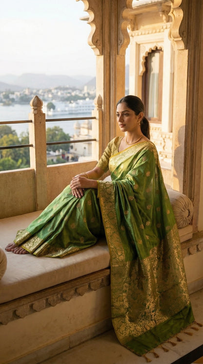 Woman in a emerald green silk blend saree with intricate woven detailing and elegant drape sitting on a balcony with a scenic view.