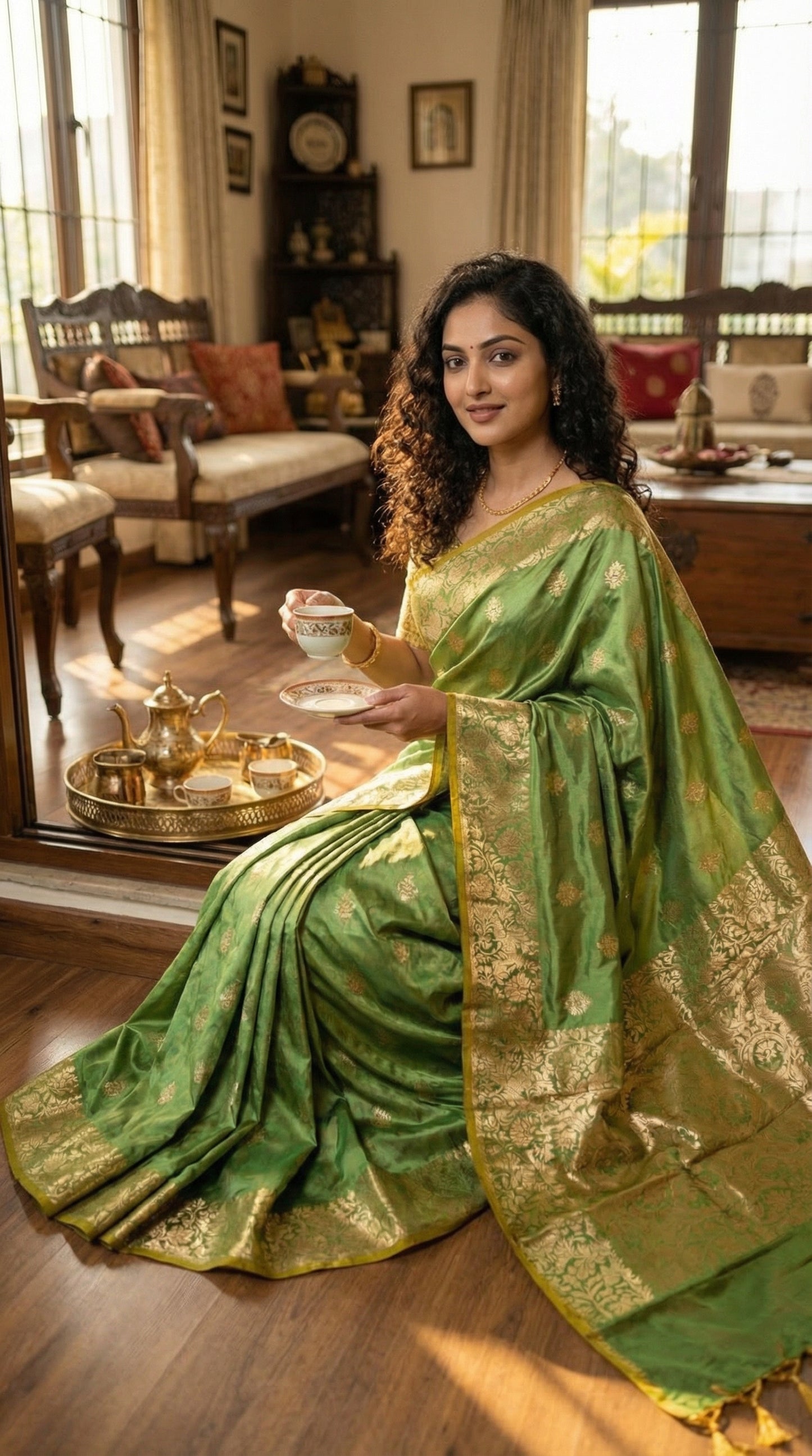 Woman in a emerald green silk blend saree with intricate woven detailing and elegant drape sitting in a well-furnished room.