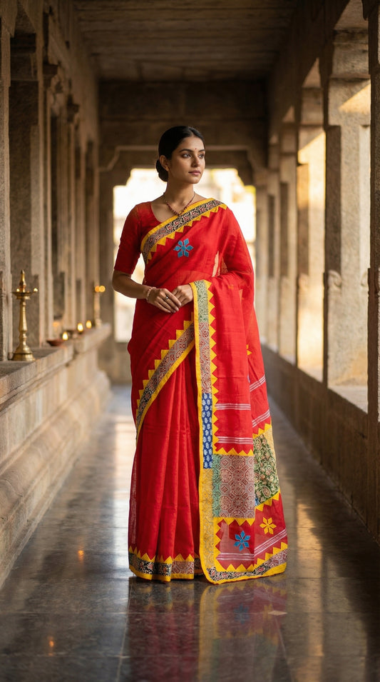Woman in a red cotton linen saree with handcrafted applique border, standing in a temple corridor.