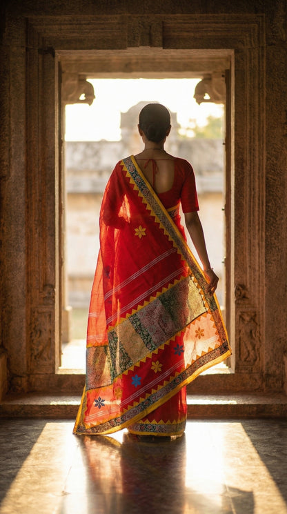 Woman in a red cotton linen saree with handcrafted applique border, standing in front of an ornate wooden door with sunlight streaming through.