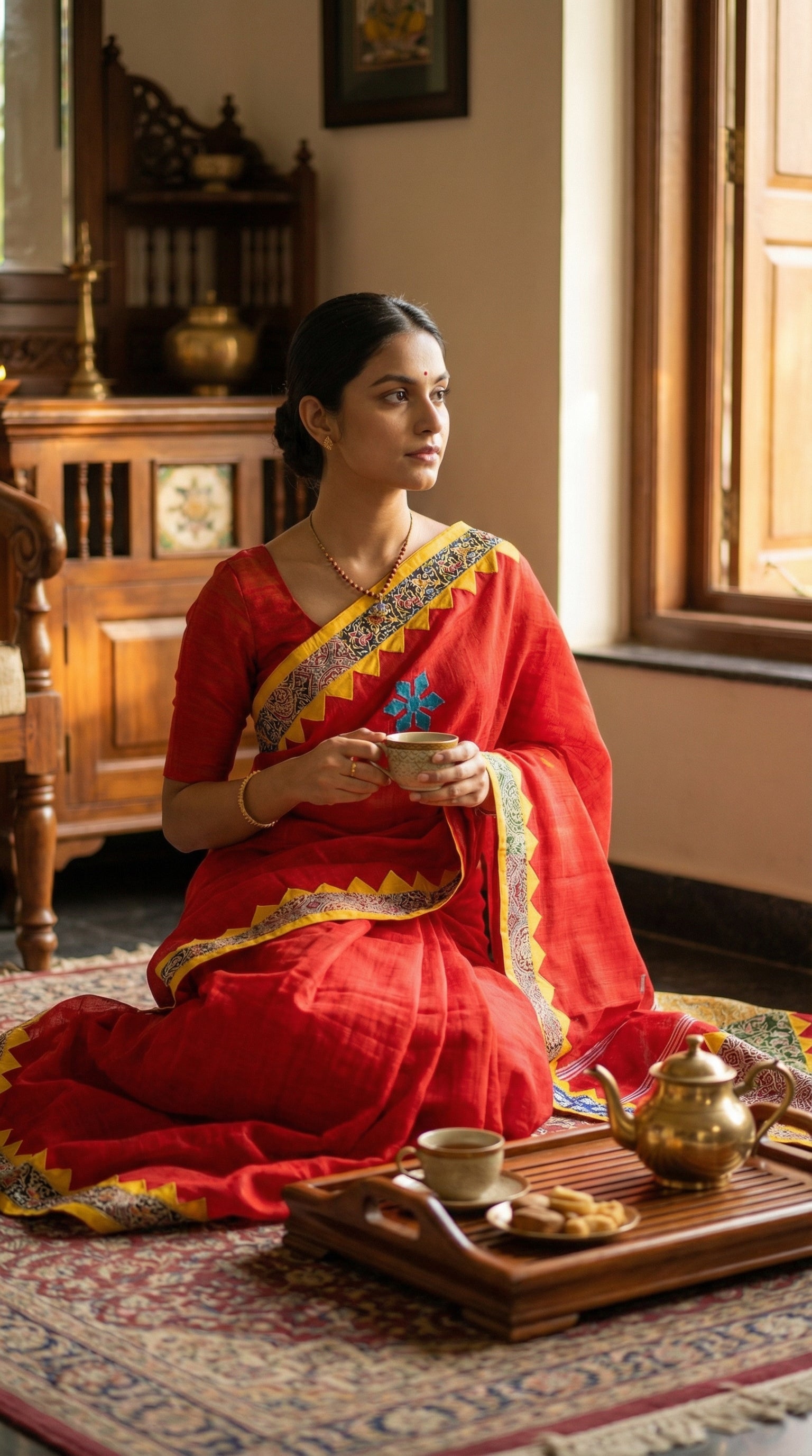 Woman in a red cotton linen saree with handcrafted applique border, sitting at a table with a tea set in a warm, indoor setting.
