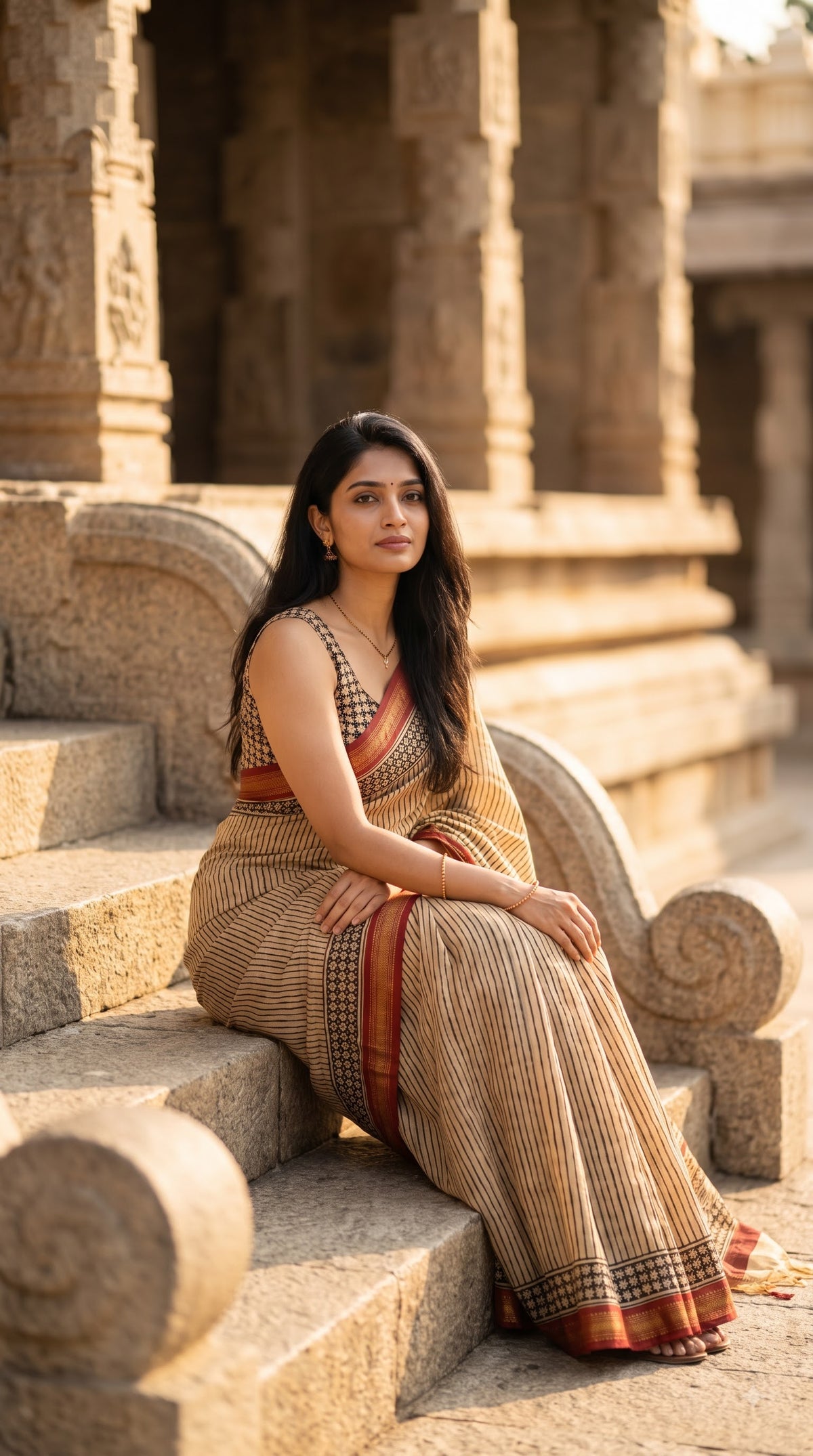 Maheshwari Silk Saree with Stripes - Beige with Red