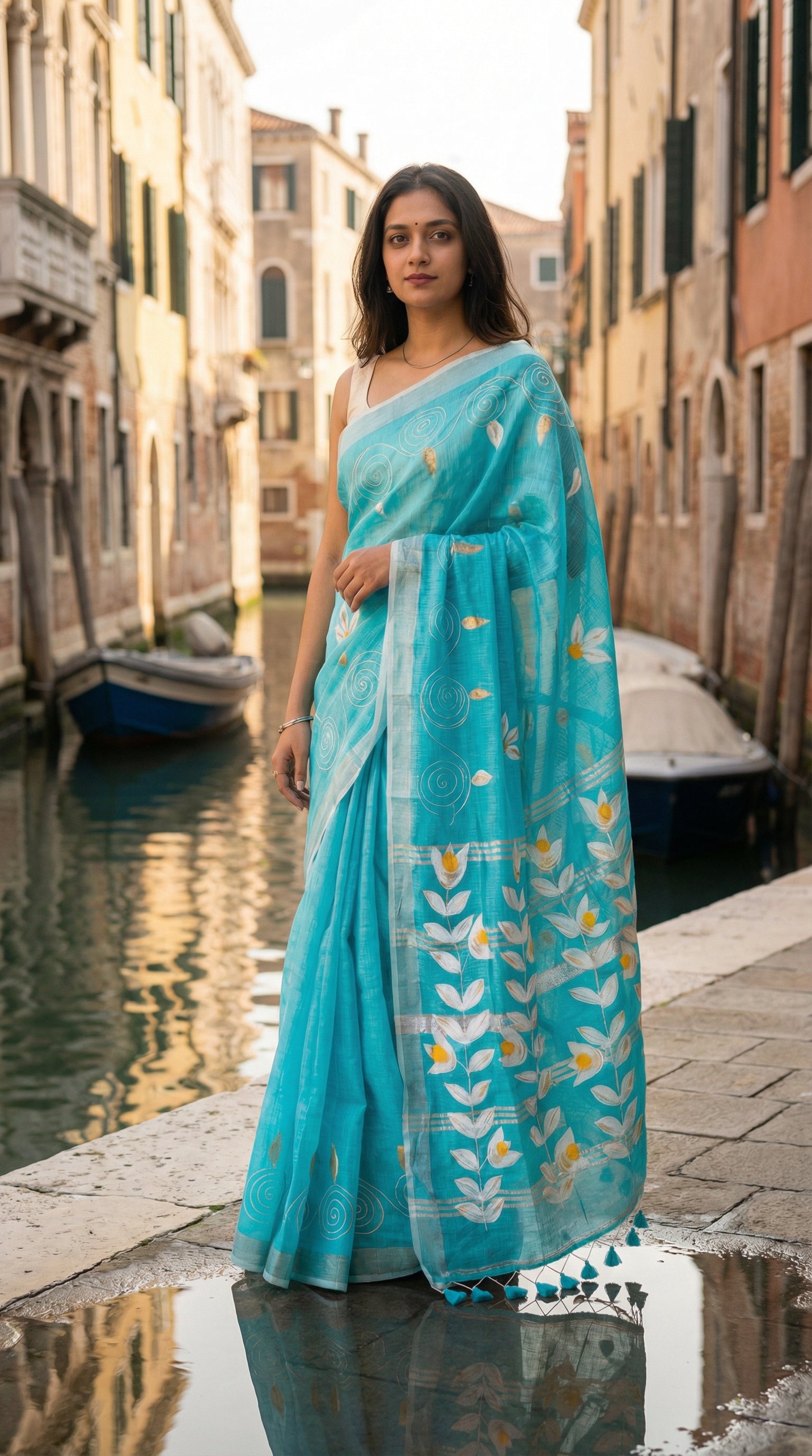 Woman in a sky blue hand painted cotton linen saree with floral motifs and tassel pallu, standing by a canal in Venice.
