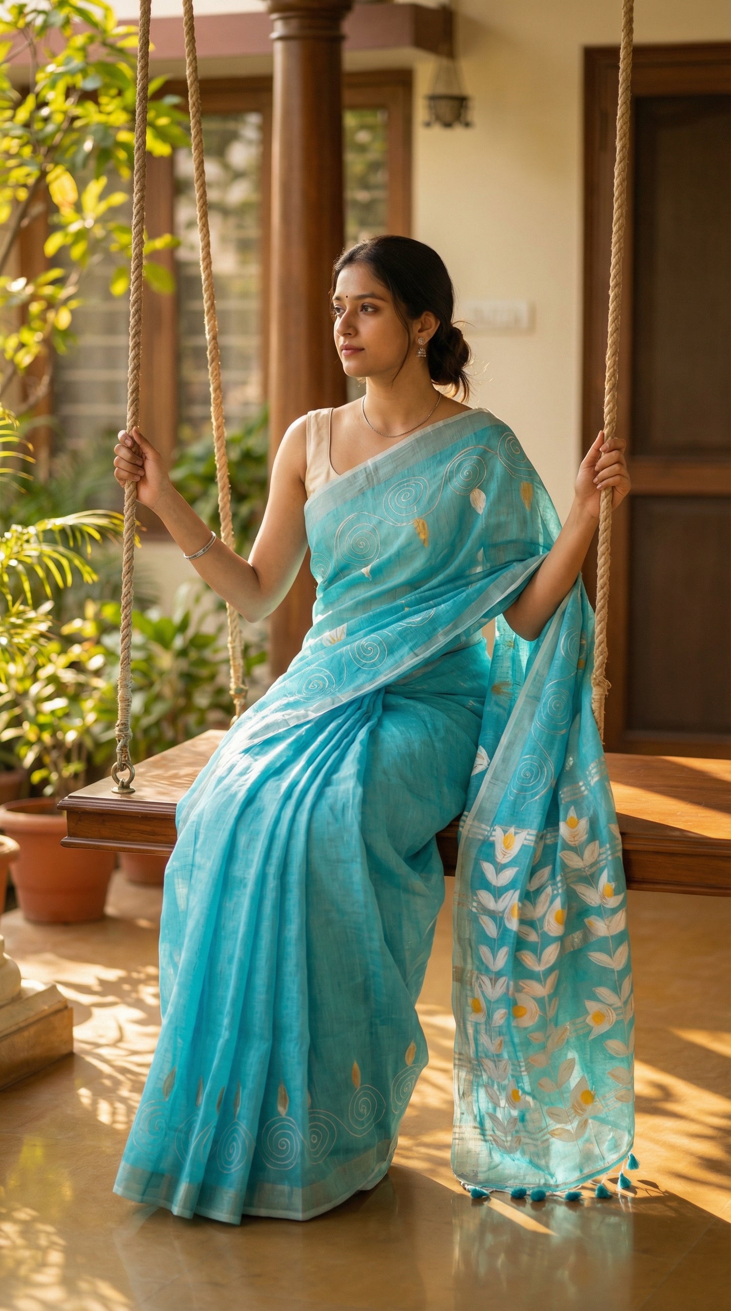 Woman in a sky blue hand painted cotton linen saree with floral motifs and tassel pallu, sitting on a swing outdoors.