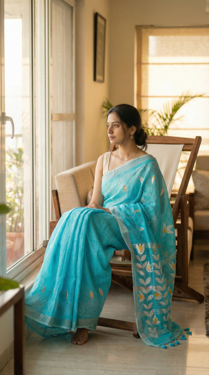 Woman in a sky blue hand painted cotton linen saree with floral motifs and tassel pallu, sitting by a window in a well-lit room.