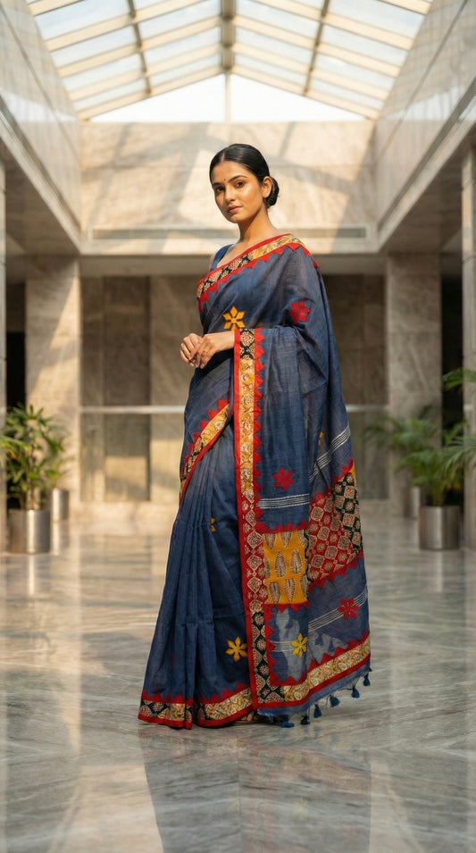 Woman in a slate grey linen cotton saree with traditional applique border, in an indoor setting.