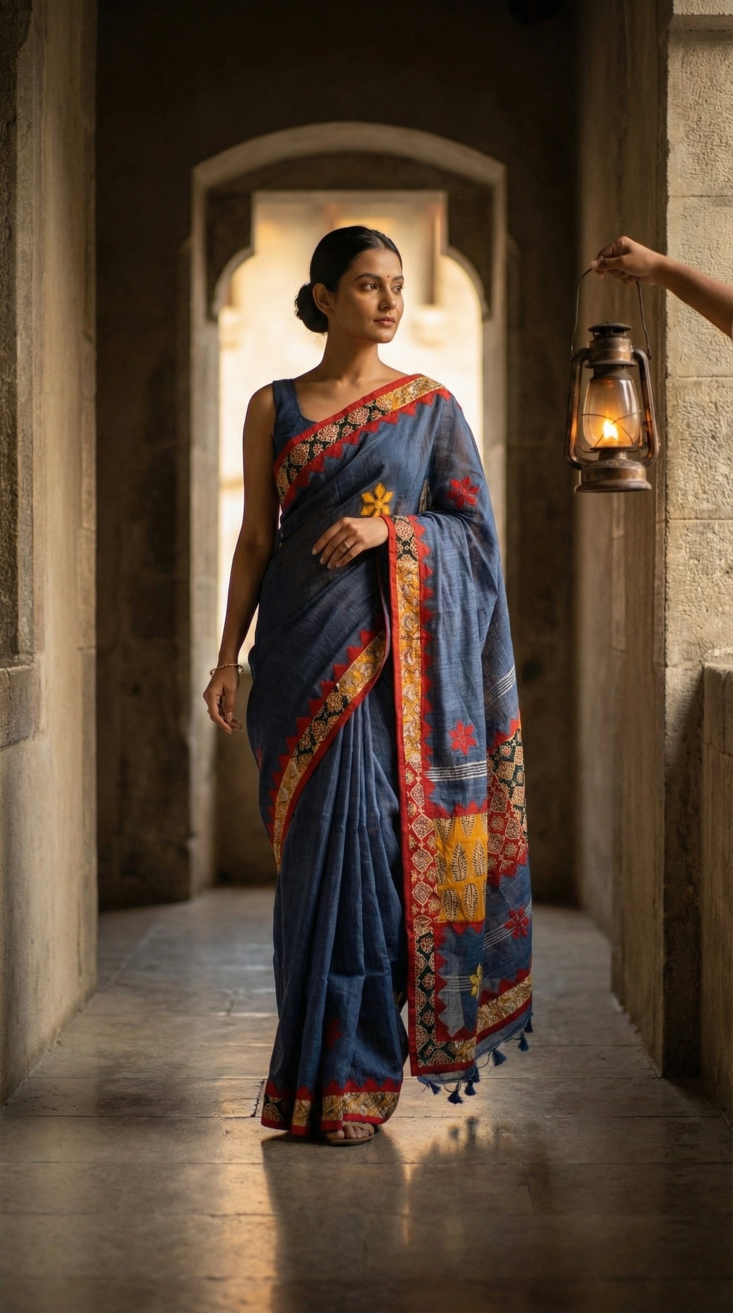 Woman in a slate grey linen cotton saree with traditional applique border, walking through a dimly lit hallway.