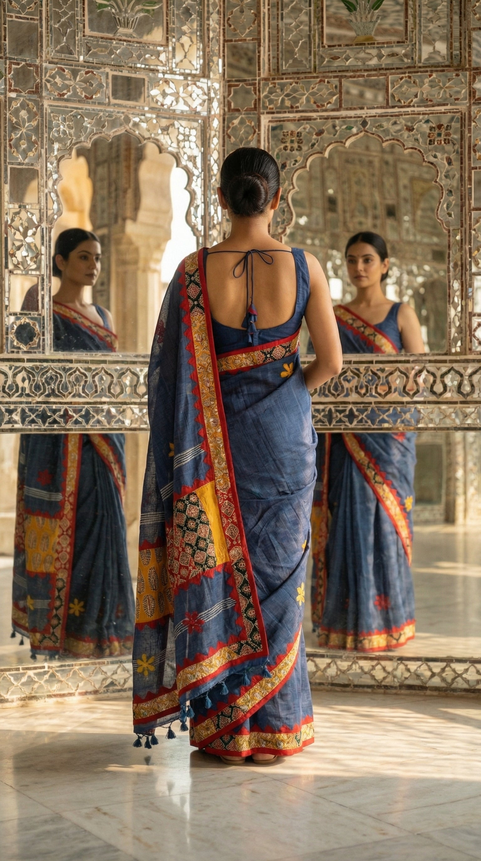 Woman in a slate grey linen cotton saree with traditional applique border, standing in front of ornate mirrors.