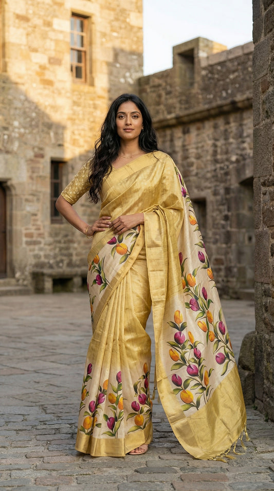 Woman wearing Golden viscose silk saree with subtle sheen and botanical motifs, festive Indian ethnic wear, standing tall with feet slightly apart and one hand firmly on the hip, emanating self-possession and modern elegance in a castle.