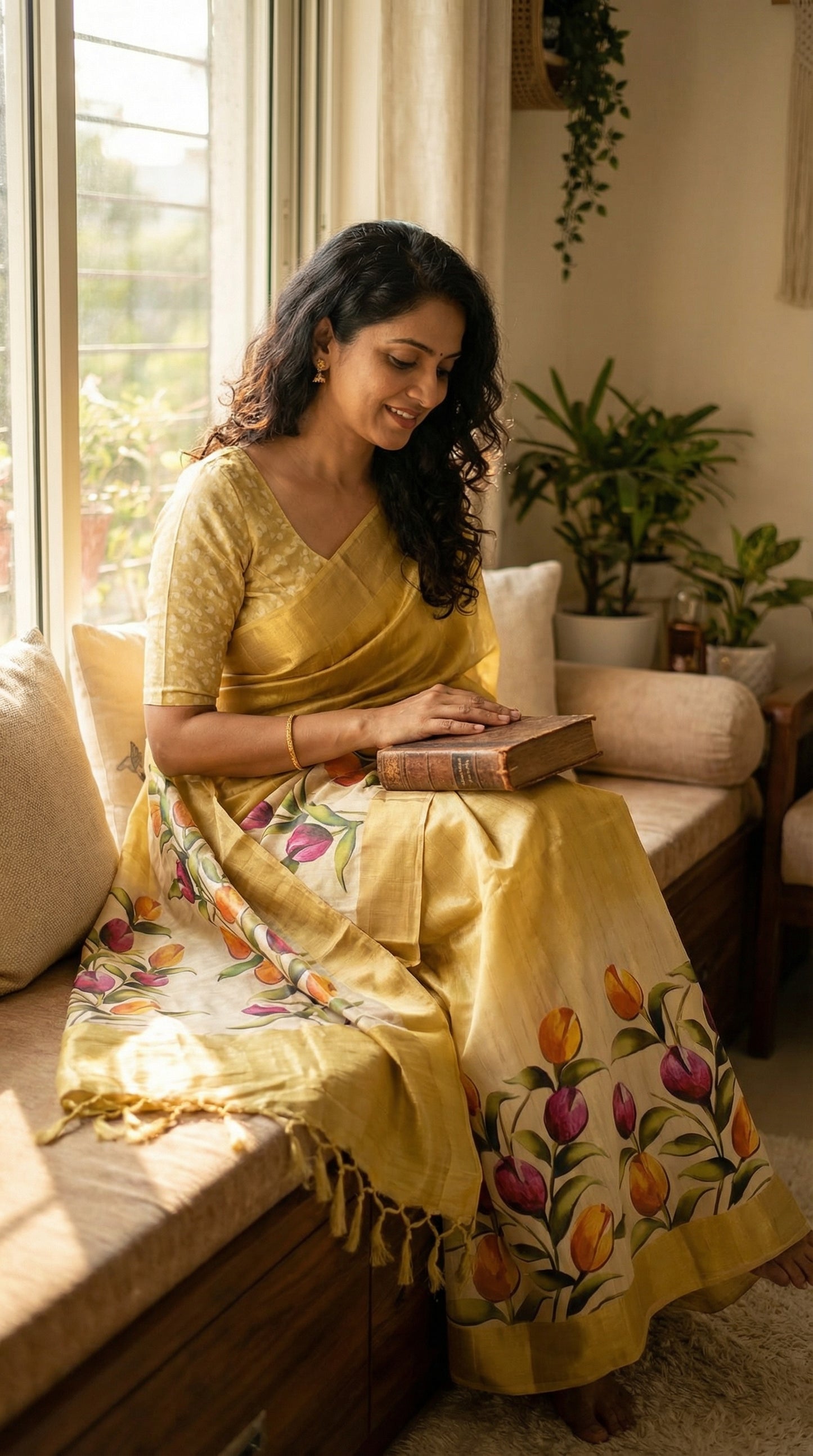 Woman wearing Golden viscose silk saree with subtle sheen and botanical motifs, festive Indian ethnic wear. The lady is sitting cross-legged on a large, cozy wooden window seat or a vintage sofa, holding an old book. The saree drapes naturally over her lap and onto the floor.