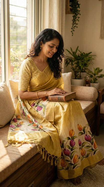 Woman wearing Golden viscose silk saree with subtle sheen and botanical motifs, festive Indian ethnic wear. The lady is sitting cross-legged on a large, cozy wooden window seat or a vintage sofa, holding an old book. The saree drapes naturally over her lap and onto the floor.