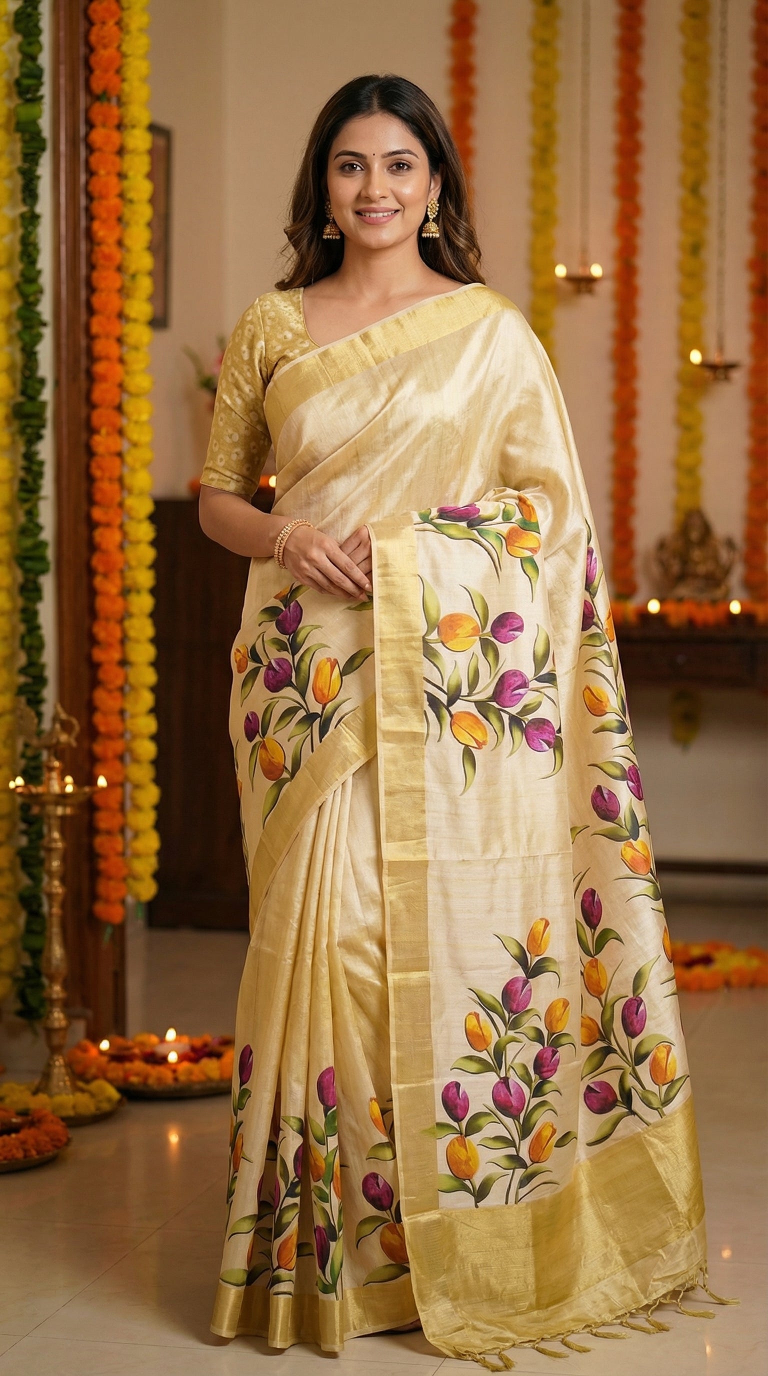 Woman wearing Golden viscose silk saree with subtle sheen and botanical motifs, festive Indian ethnic wear. She is standing tall in her house, decorated for a festival.