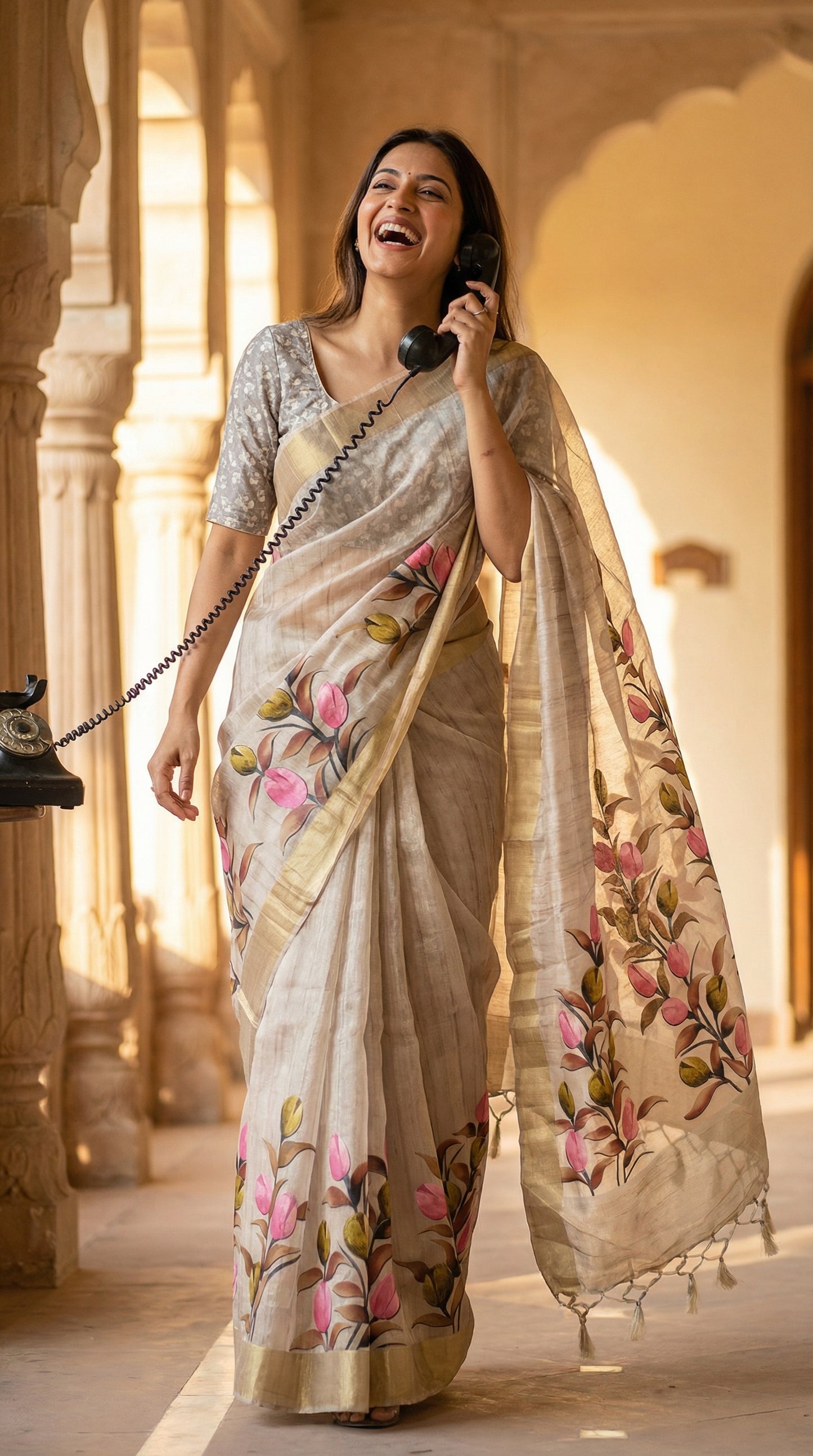 Woman wearing Grey viscose silk saree with soft floral design. The lady is walking through a sunlit heritage corridor, holding a classic brass or black rotary telephone receiver (Vintage 1950s rotary telephone with a long coiled cord) to her ear, with her head thrown back in mid-laughter.