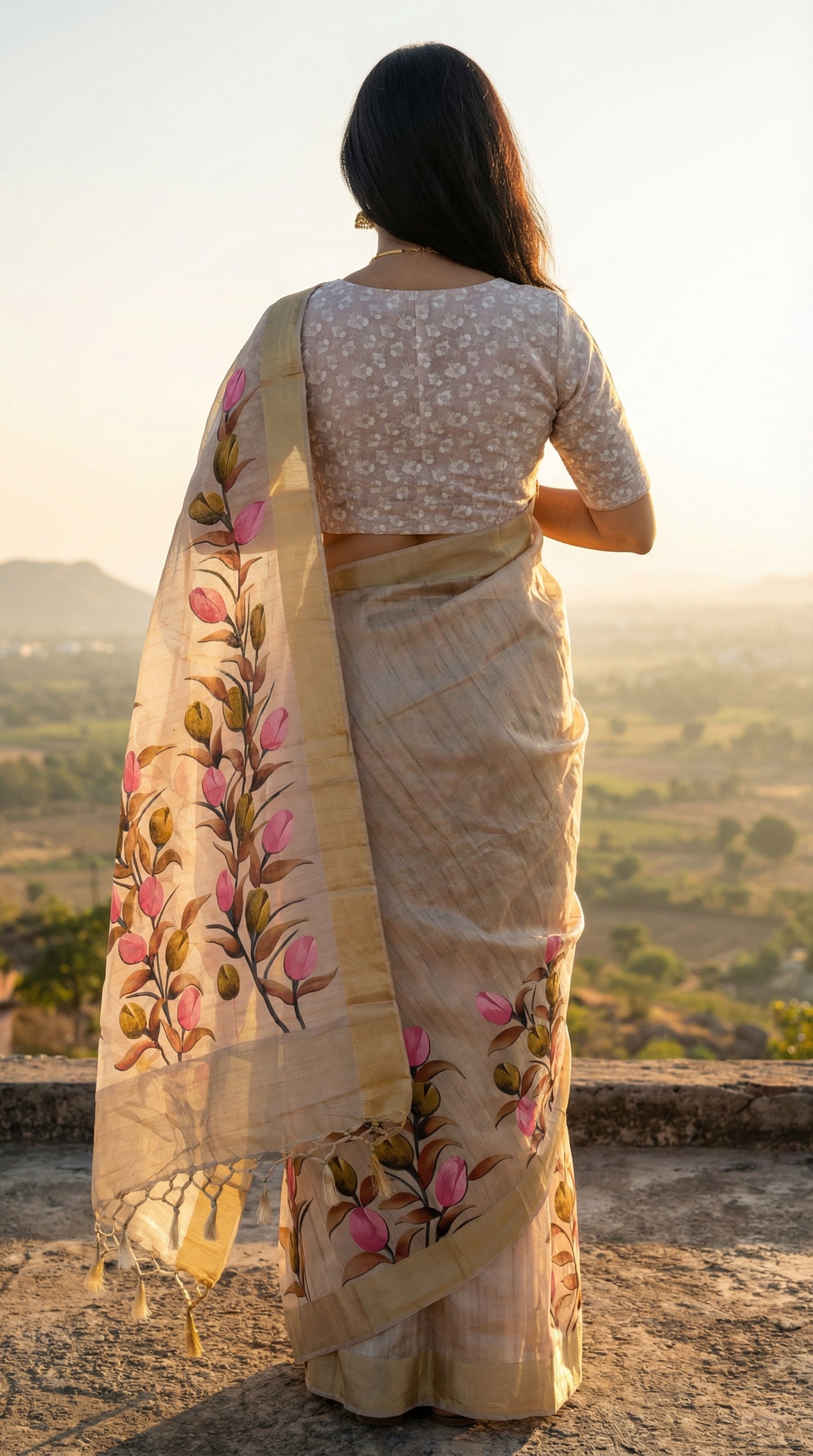 Woman wearing Grey viscose silk saree with soft floral design. A back-view pose dedicated to the "Sun God" (Surya) theme, where she stands facing the sun in namaste pose, highlighting the transparency and weave of the fabric.