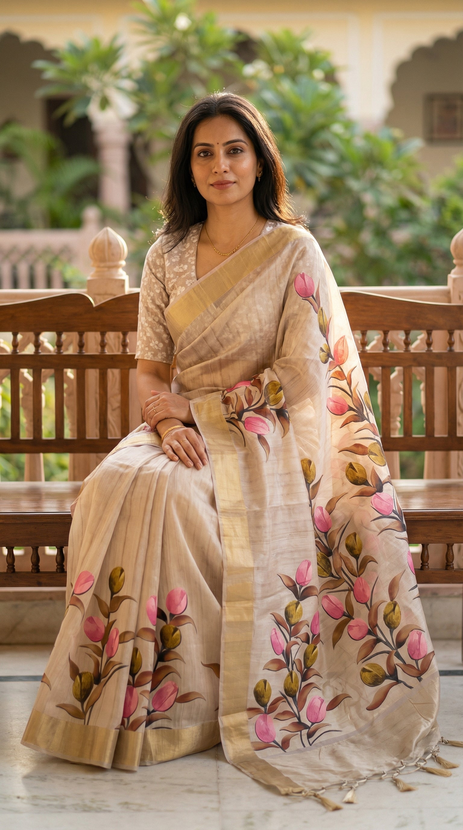 Woman wearing Grey viscose silk saree with soft floral design. Sitting and leaning forward slightly to create a structured yet relaxed posture, often used to add a "mysterious charm", straight looking into the camera.
