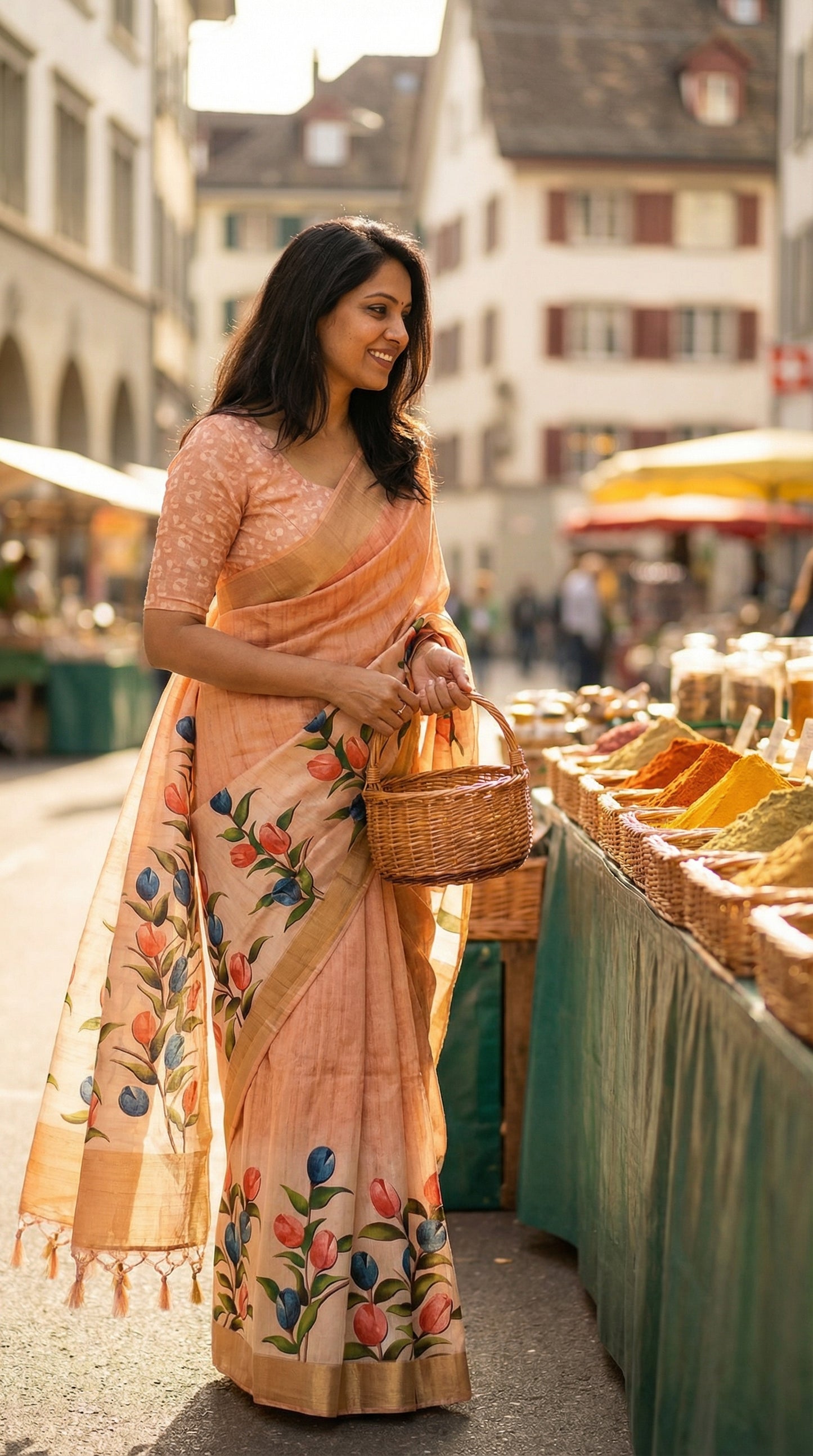 Woman wearing peach viscose silk saree with delicate floral design, standing in a blurred spice market holding a small wicker basket, showing the saree in a vibrant, everyday context.