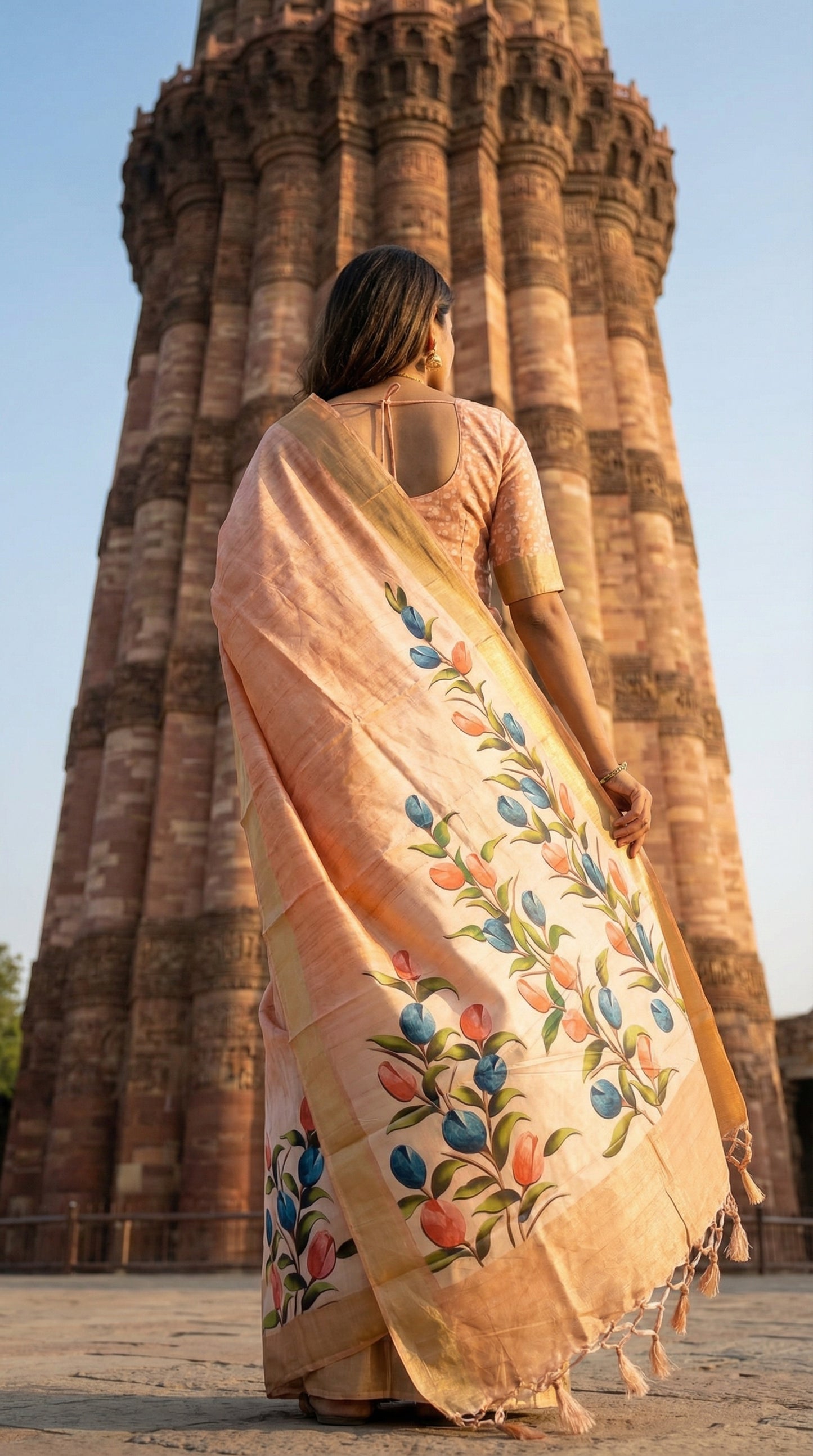 Woman wearing peach viscose silk saree with delicate floral design, a low-angle shot from behind as she stands before a tall monument, making the saree look majestic and statuesque.