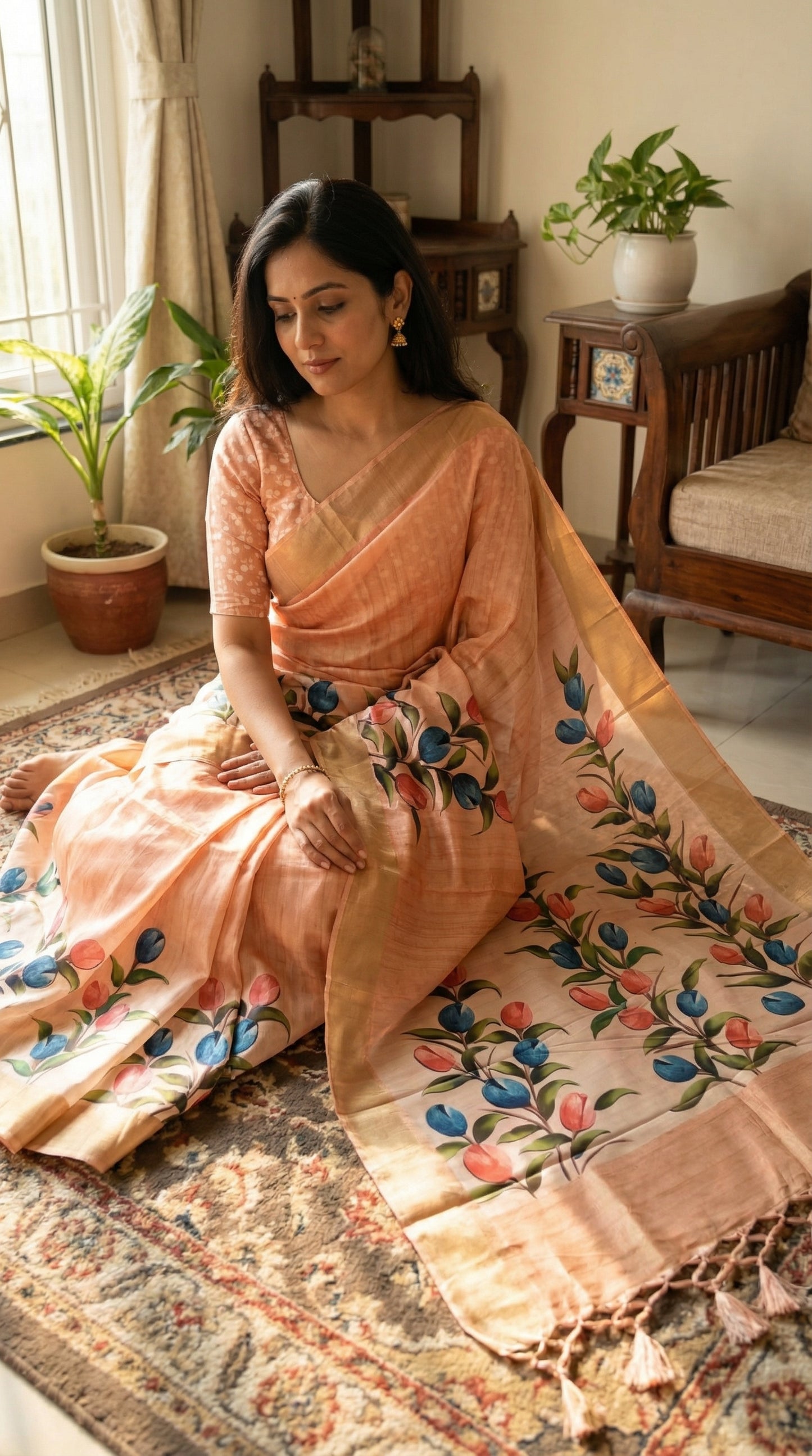Woman wearing peach viscose silk saree with delicate floral design, sitting on a patterned carpet or rug and spreading the saree out completely around her to capture every detail of the pallu and body.