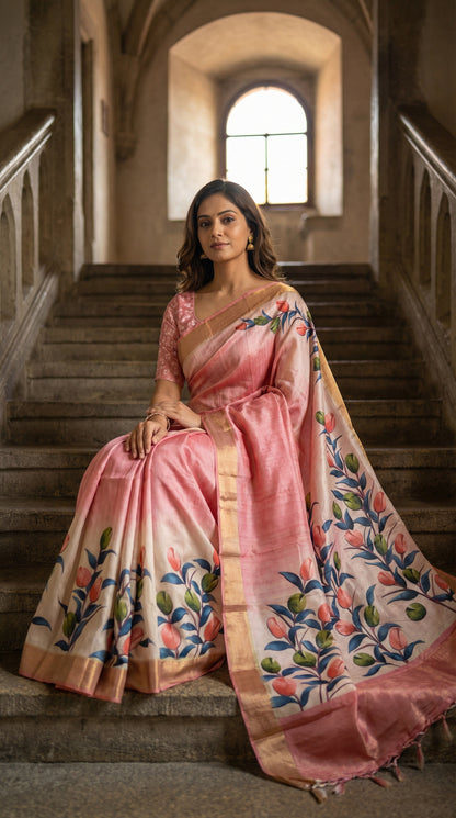 Woman wearing Pink viscose silk saree with floral accents, sitting on the middle of a grand staircase inside the Romania's legendary Bran Castle, the saree pleats flowing down to the steps below her.