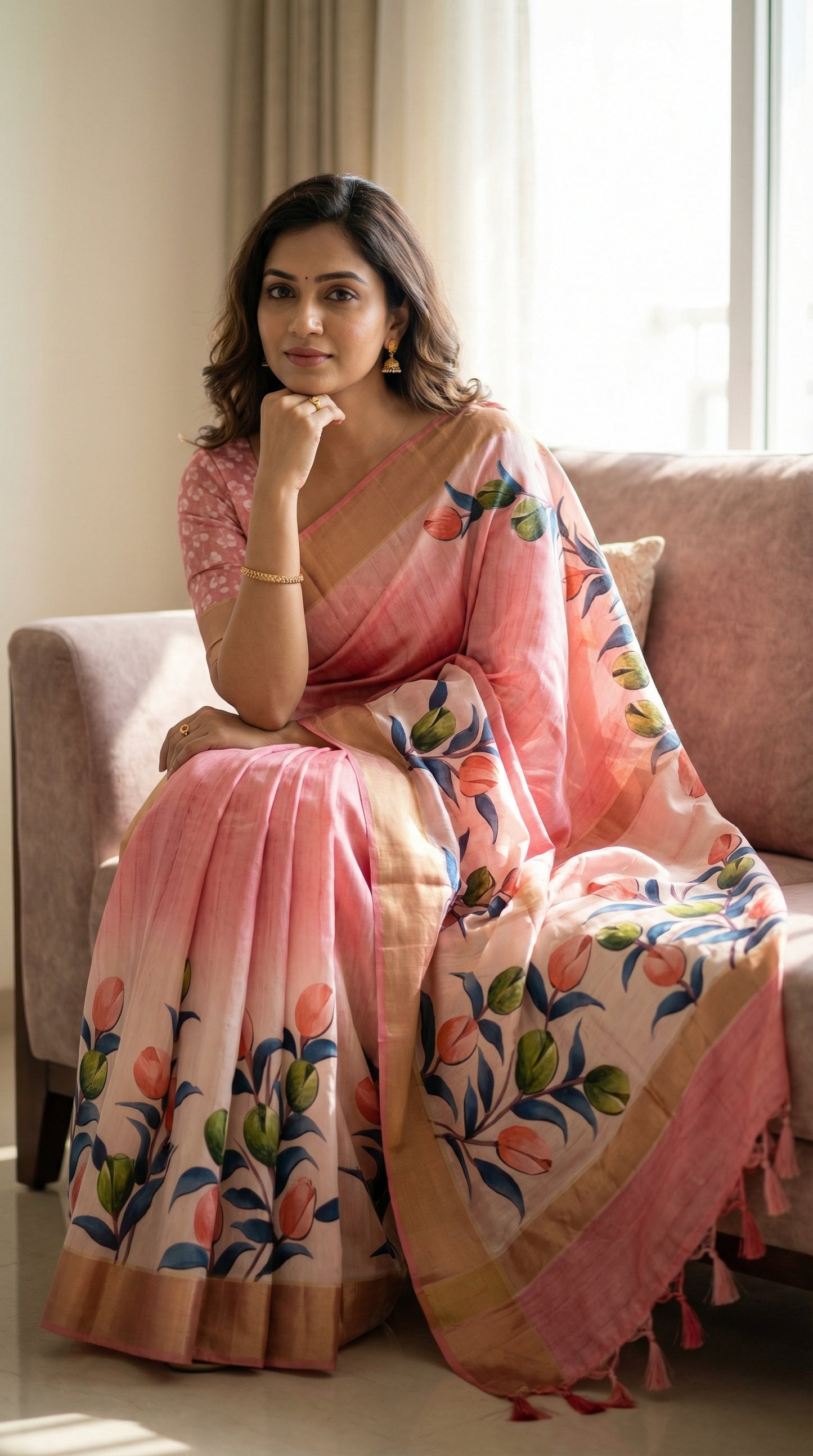 Woman wearing Woman wearing Pink viscose silk saree with floral accents, sitting comfortably on a sofa in her living room.
