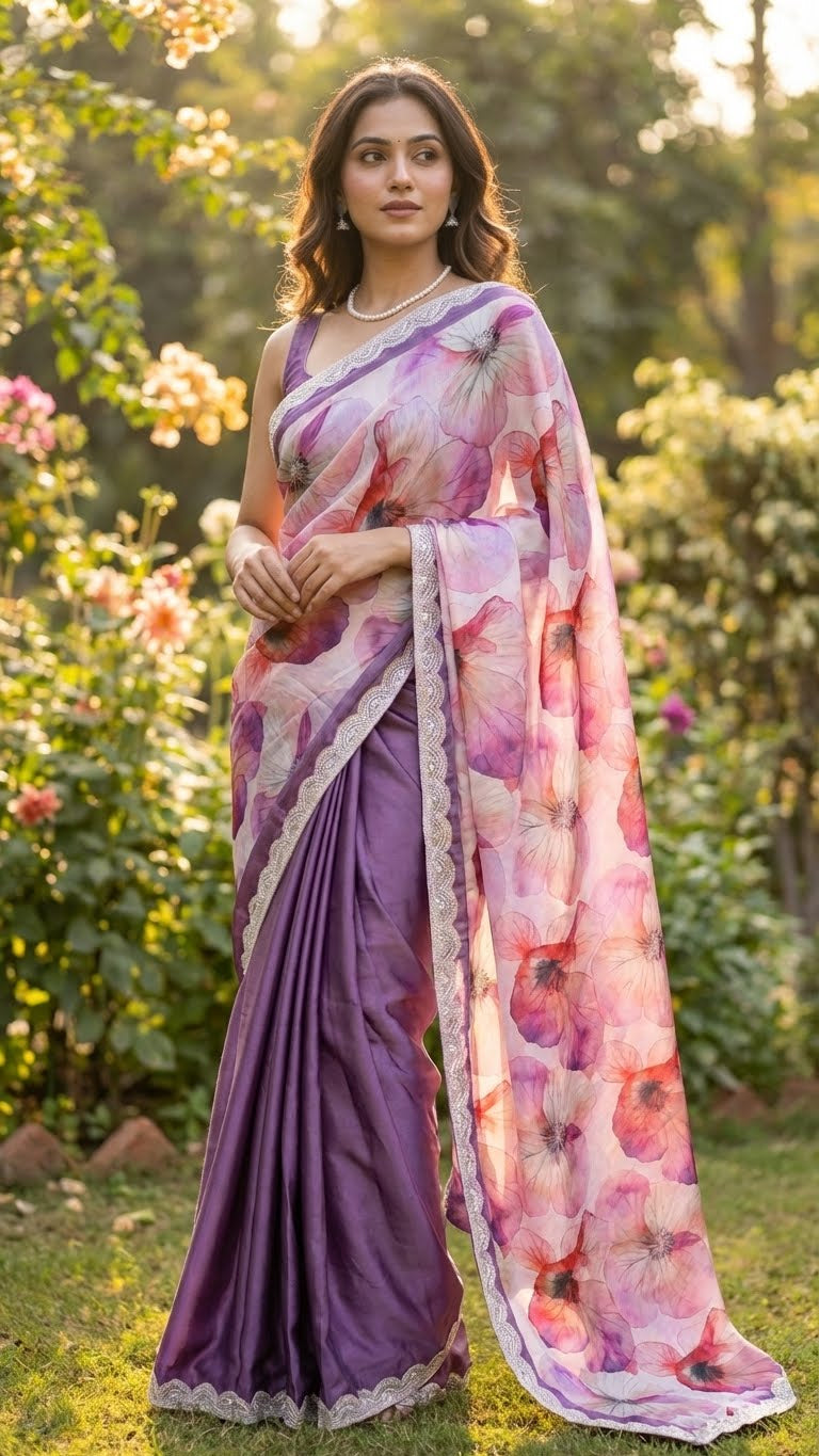 Woman wearing strawberry silk saree with soft floral print and lace border, featuring deep purple pleats with a floral pattern in an outdoor setting.