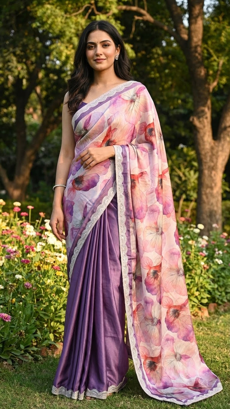 Woman wearing Strawberry silk saree with soft floral print and lace border, featuring deep purple pleats with a purple blouse in a garden setting