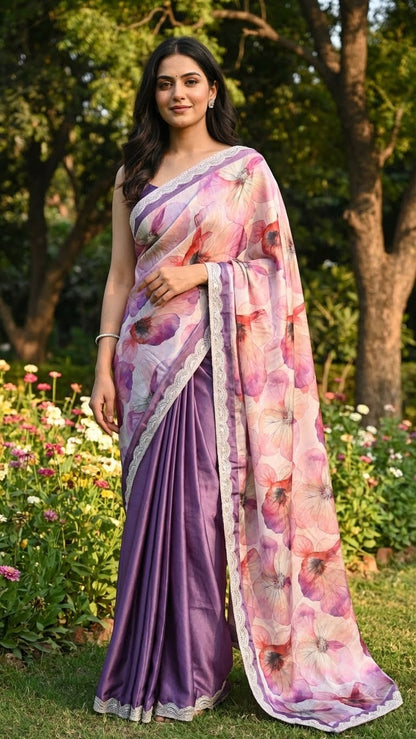 Woman wearing Strawberry silk saree with soft floral print and lace border, featuring deep purple pleats with a purple blouse in a garden setting