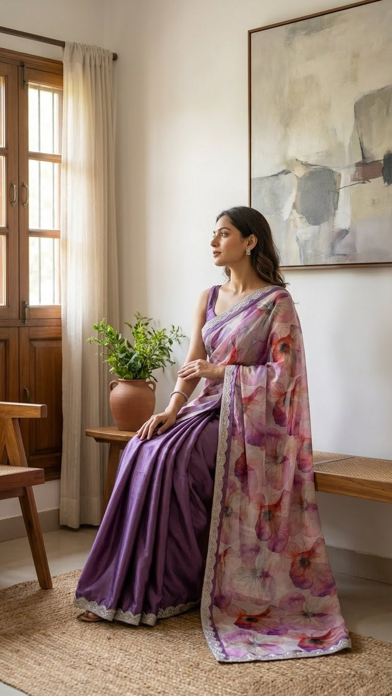 Woman in a strawberry silk saree with soft floral print and lace border, featuring deep purple pleats with a floral pattern sitting in a room with a painting on the wall.
