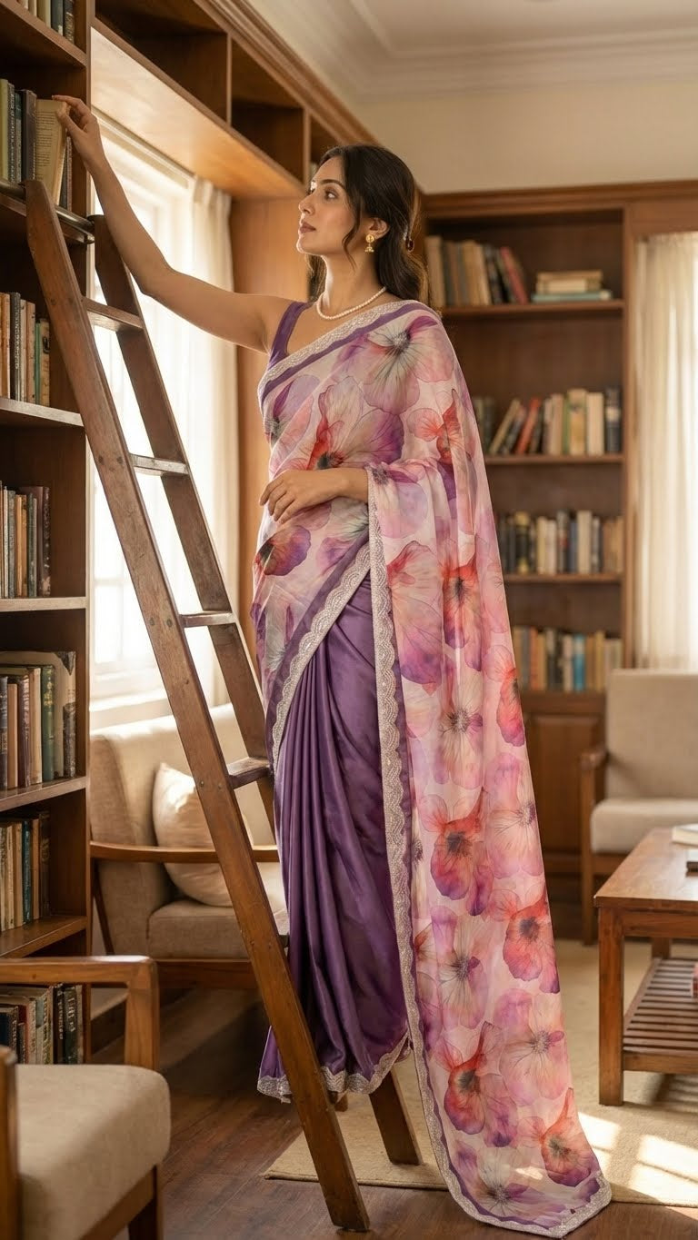 Woman in a strawberry silk saree with soft floral print and lace border, featuring deep purple pleats with a floral pattern standing next to a bookshelf in a well-lit room.