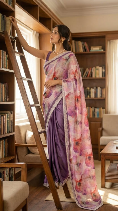 Woman in a strawberry silk saree with soft floral print and lace border, featuring deep purple pleats with a floral pattern standing next to a bookshelf in a well-lit room.