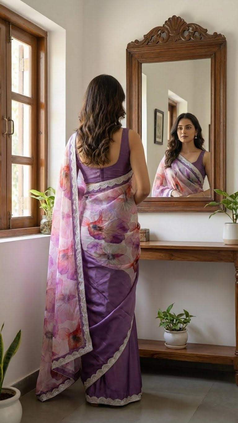 Woman in a strawberry silk saree with soft floral print and lace border, featuring deep purple pleats with a floral pattern looking at herself in a mirror.