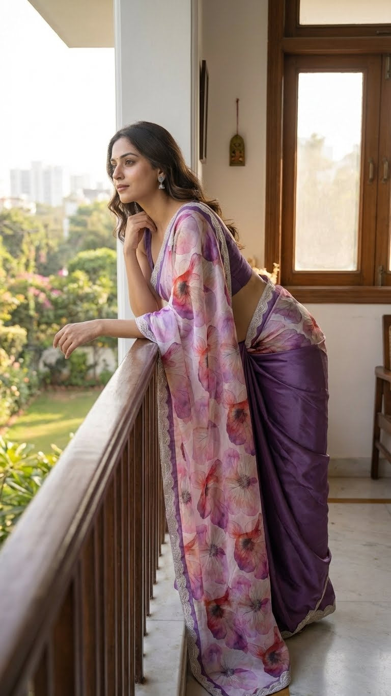 Woman in a strawberry silk saree with soft floral print and lace border, featuring deep purple pleats with a floral pattern standing on a balcony with greenery in the background