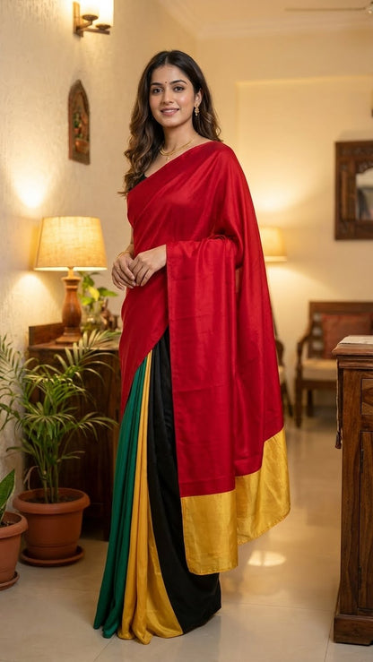 Woman in strawberry silk saree with multicolor paneled design in red, green, black, yellow, and gold standing in a well-lit room with plants and furniture.