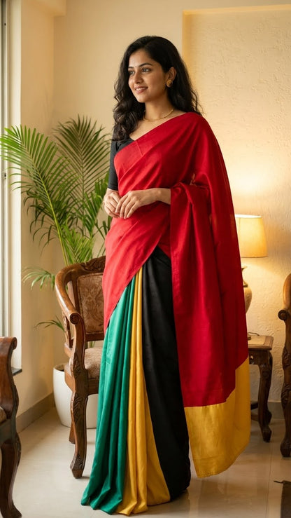 Woman wearing strawberry silk saree with multicolor paneled design in red, green, black, yellow, and gold in an indoor setting with plants and furniture.
