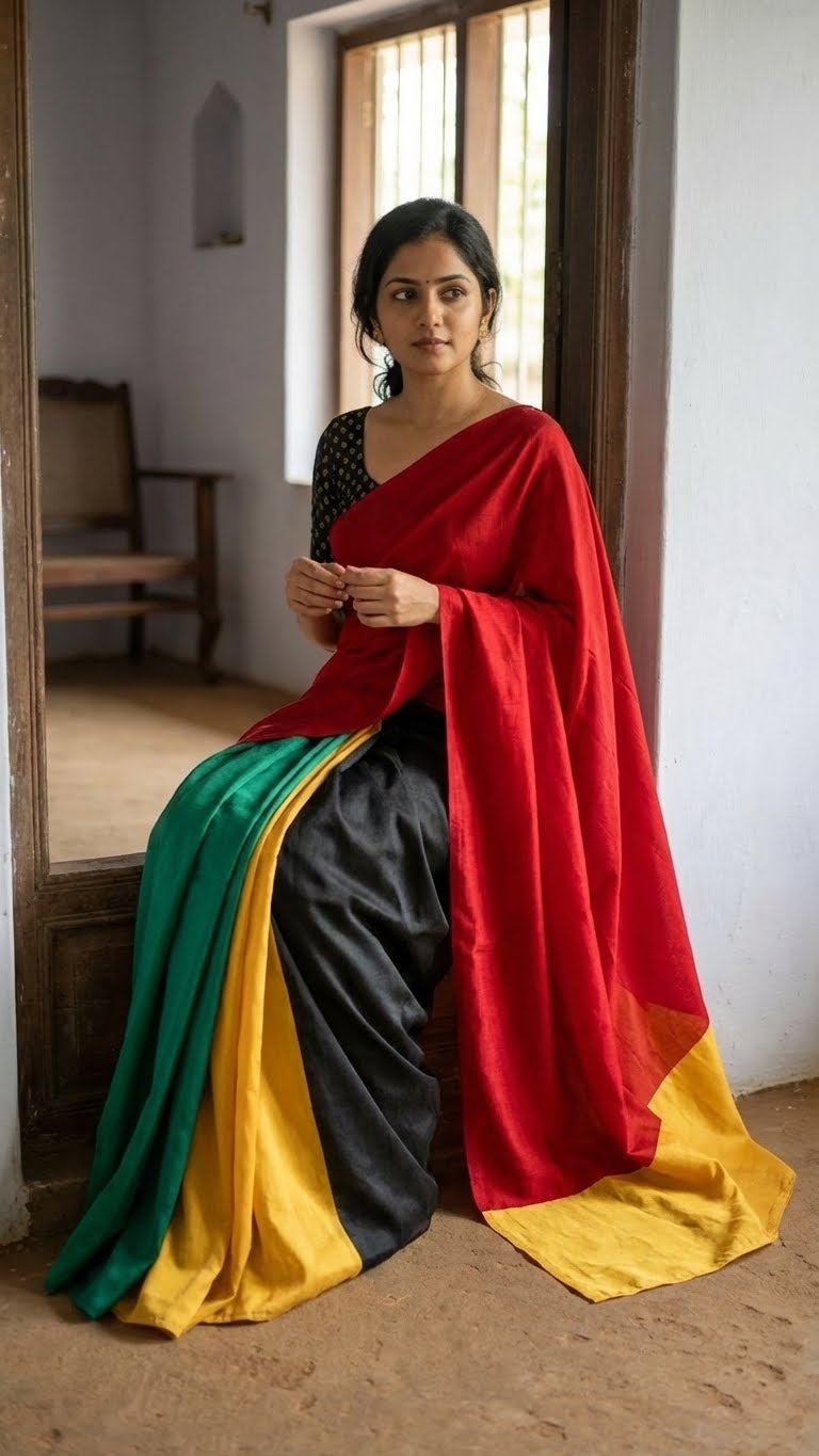 Woman wearing a strawberry silk saree with multicolor paneled design in red, green, black, yellow, and gold with a red blouse in a room.