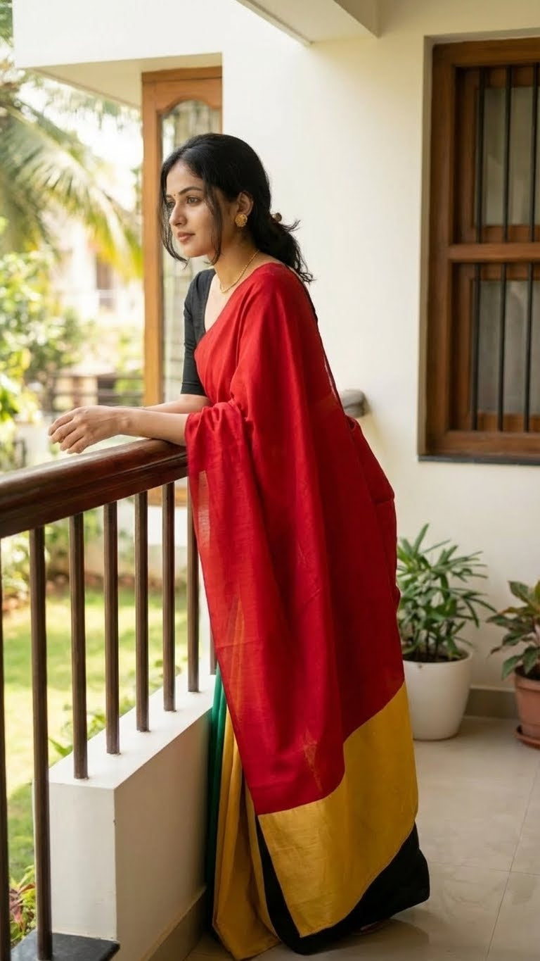Woman in a strawberry silk saree with multicolor paneled design in red, green, black, yellow, and gold standing on a balcony with greenery in the background.