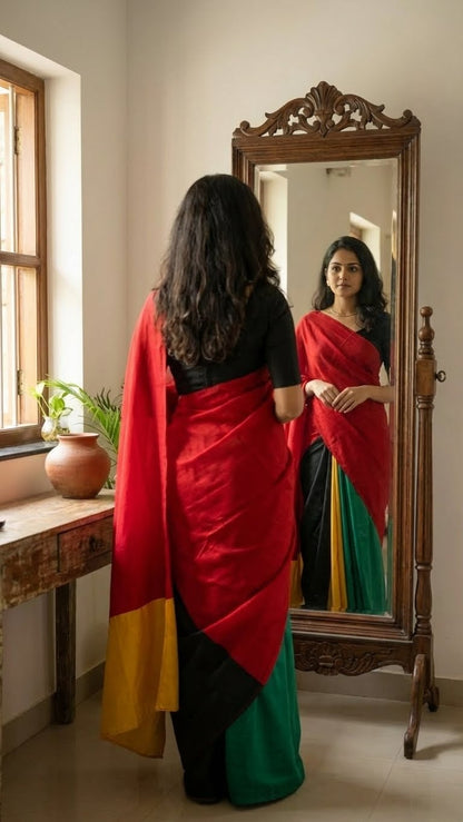 Woman in a strawberry silk saree with multicolor paneled design in red, green, black, yellow, and gold looking at herself in a mirror.