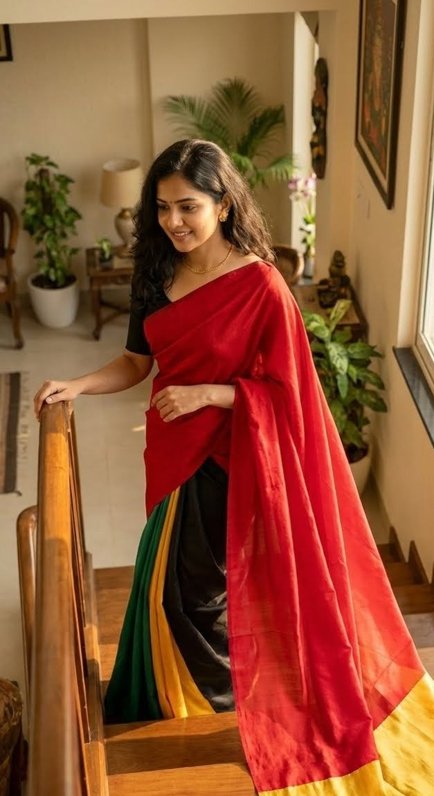 Woman in a strawberry silk saree with multicolor paneled design in red, green, black, yellow, and gold standing in a room with plants and furniture.