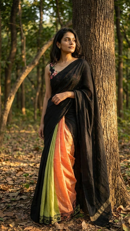 Woman in a black strawberry silk saree with soft sheen and elegant drape with colorful patterns standing in a forest.