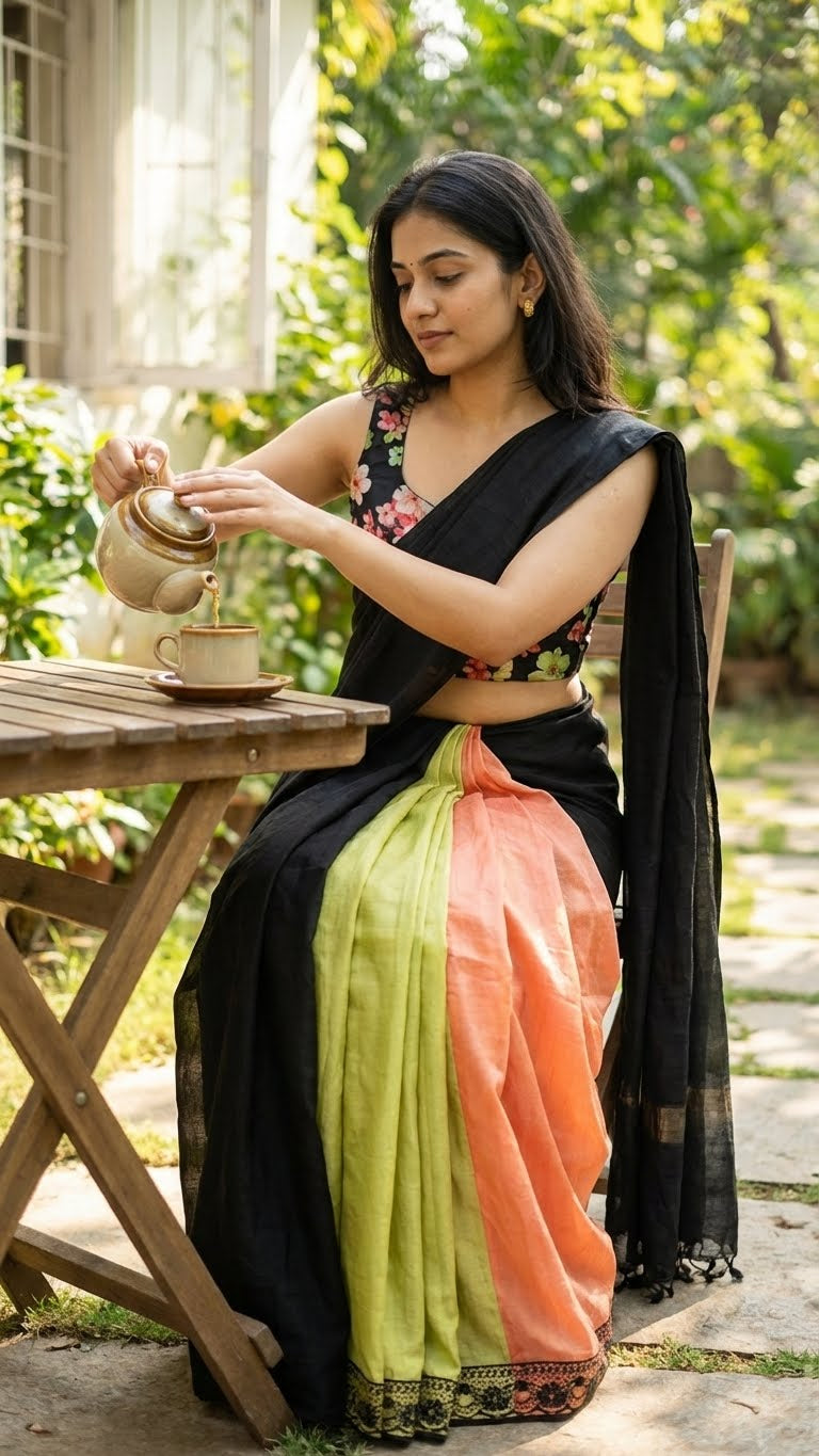 Woman in a black strawberry silk saree with soft sheen and elegant drape pouring tea outdoors