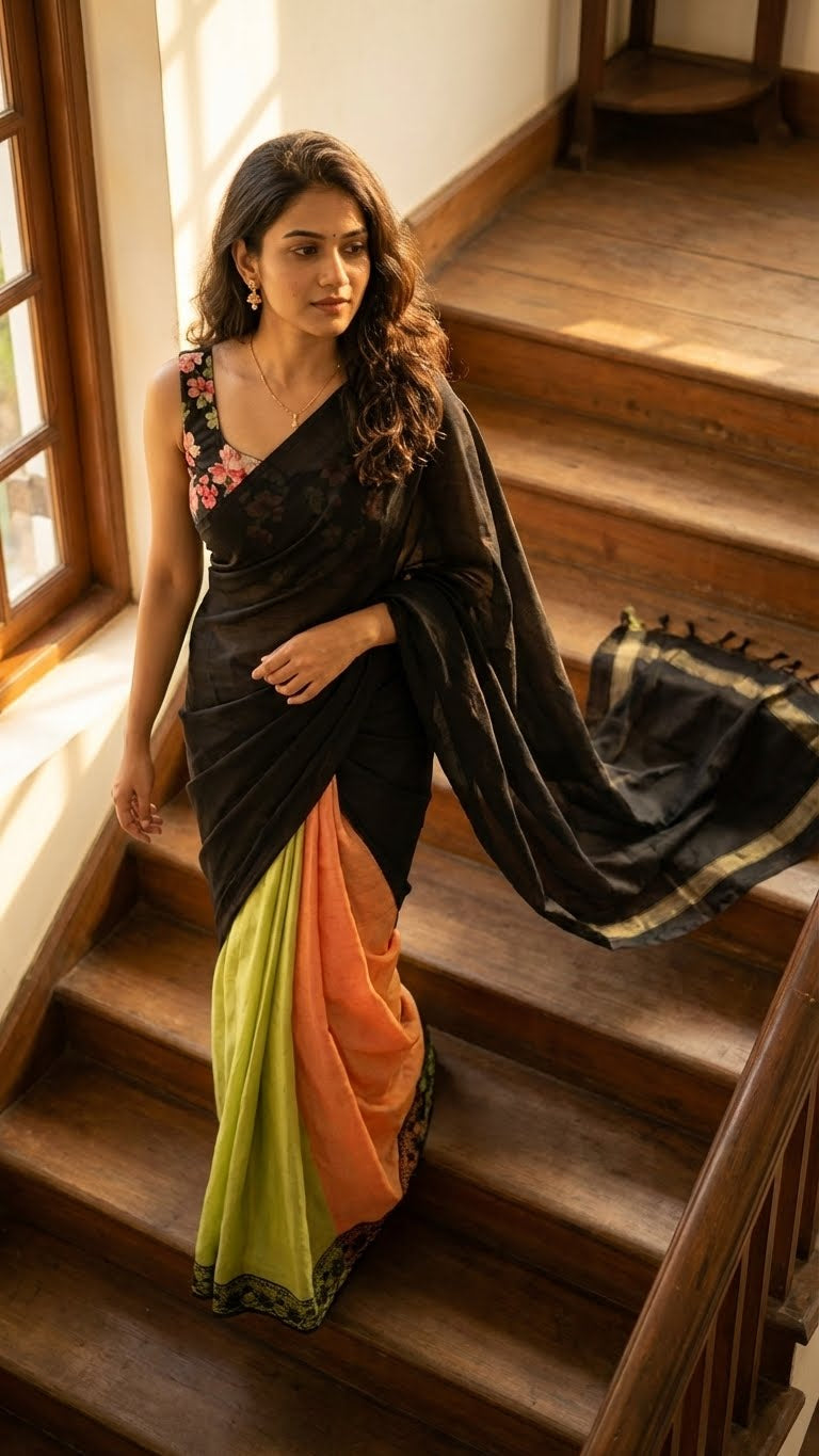 Woman in a blablack strawberry silk saree with soft sheen and elegant drape standing on wooden stairs.