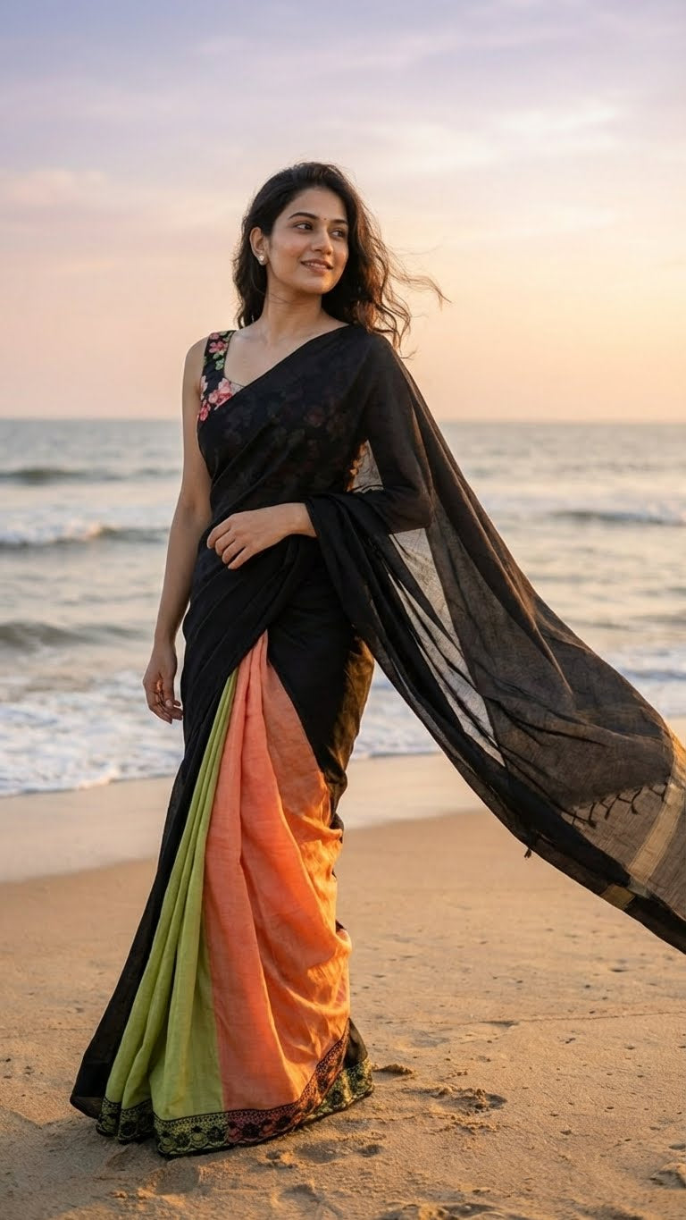 Woman in a black strawberry silk saree with soft sheen and elegant drape standing on a beach with ocean in the background