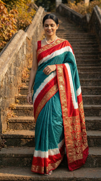 Woman in a teal green modal silk saree with rich red zari pallu, walking on stone steps outdoors.