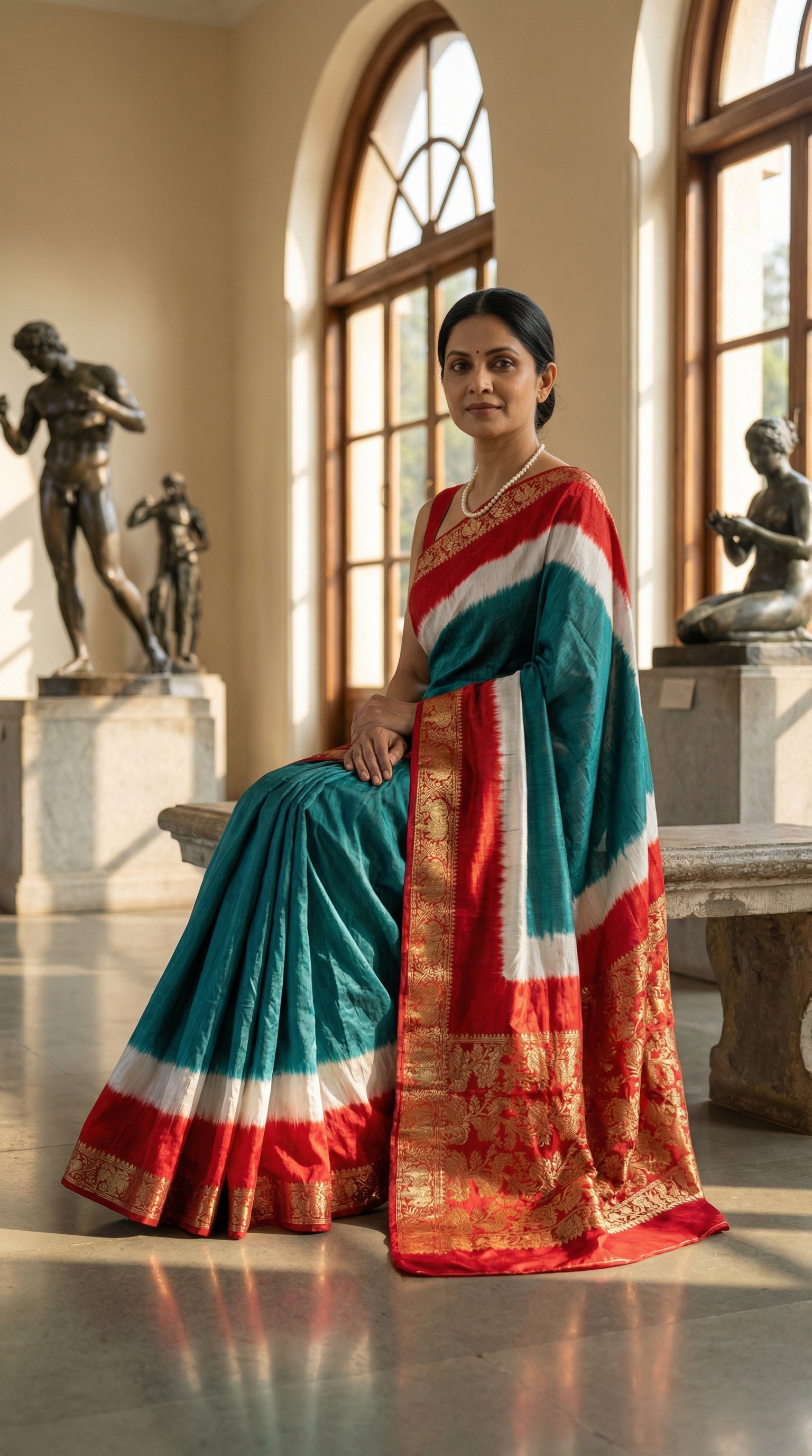 Woman in a teal green modal silk saree with rich red zari pallu, sitting in a museum-like setting with sculptures in the background.