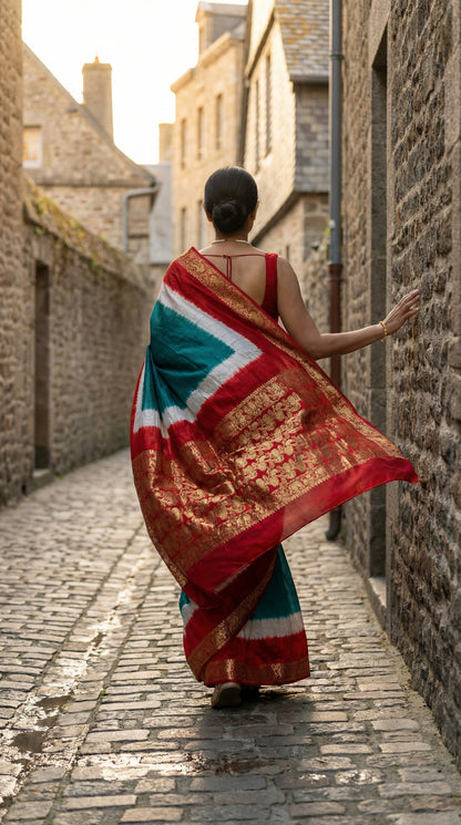 Woman in a teal green modal silk saree with rich red zari pallu, walking down a narrow cobblestone street.