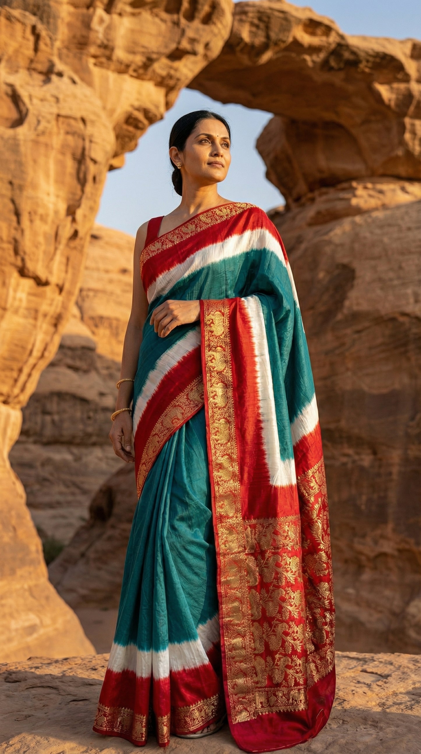 Woman in a teal green modal silk saree with rich red zari pallu, standing in front of a natural archway.