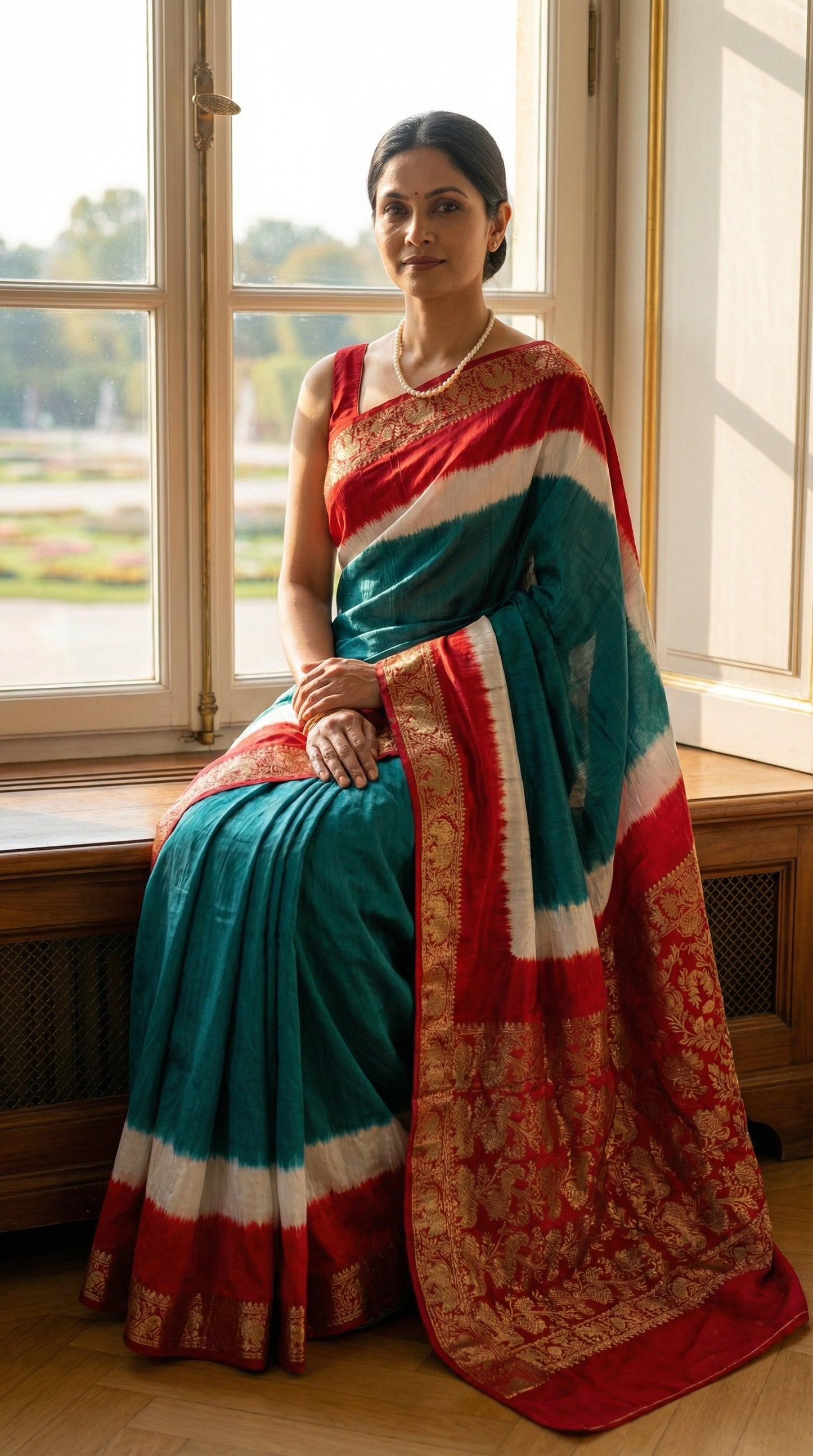 Woman in a teal green modal silk saree with rich red zari pallu, sitting by a window with a scenic view.