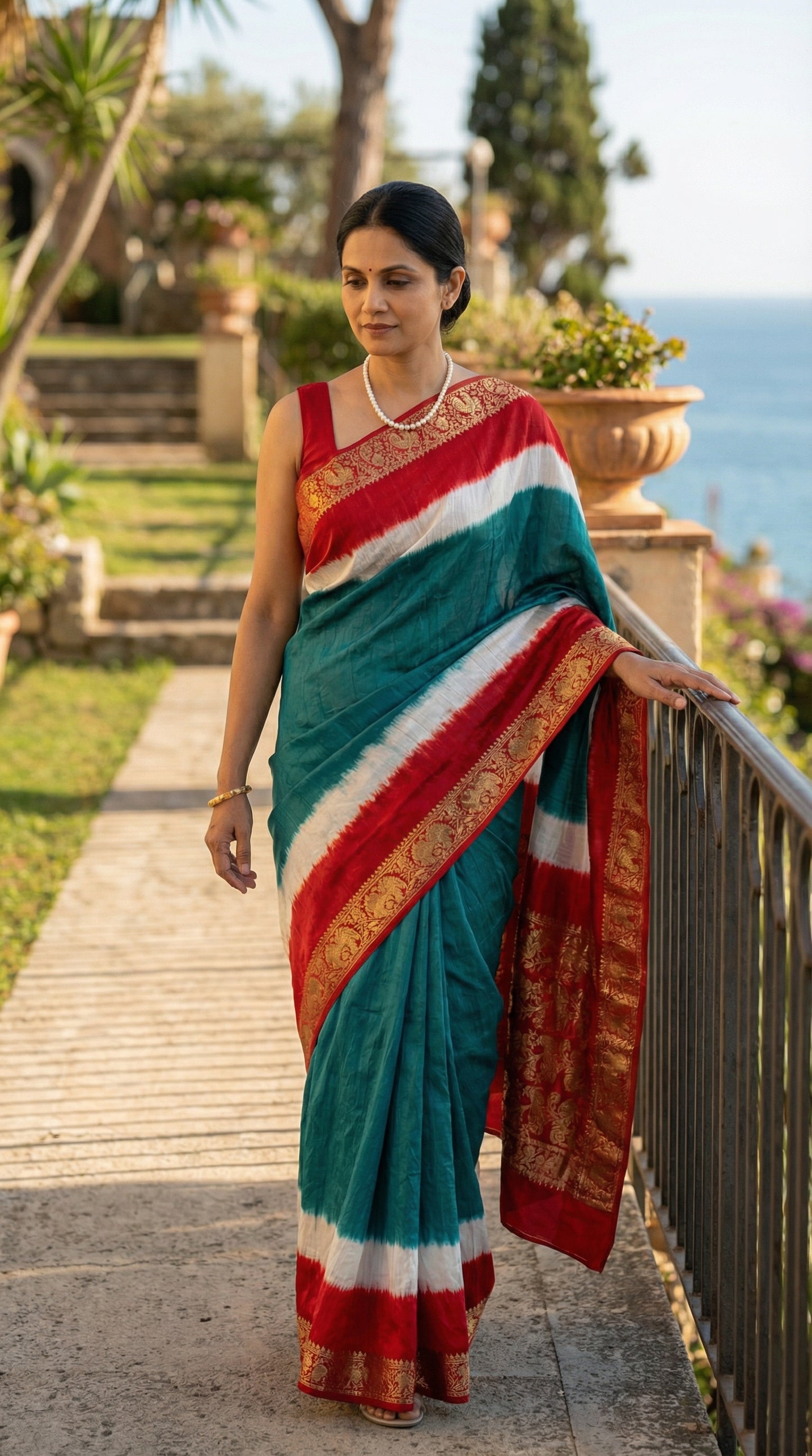 Woman in a teal green modal silk saree with rich red zari pallu, standing on a pathway with ocean view.