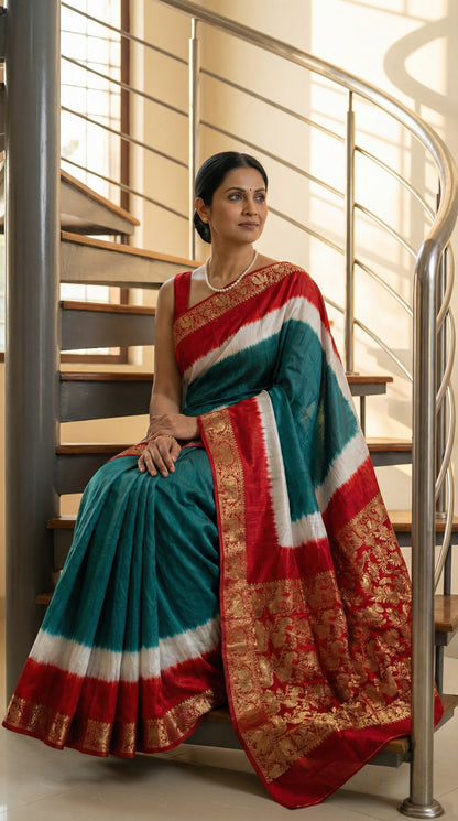 Woman in a teal green modal silk saree with rich red zari pallu, sitting on a staircase.