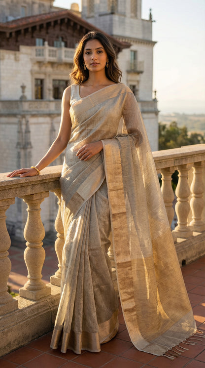 Woman in a Golden tissue silk saree with subtle sheen and elegant border, lightweight festive ethnic wear, standing on a balcony with a scenic background.